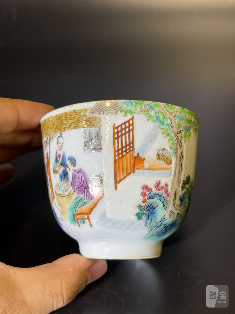 清中期 粉彩耕织图诗文杯 - 图4